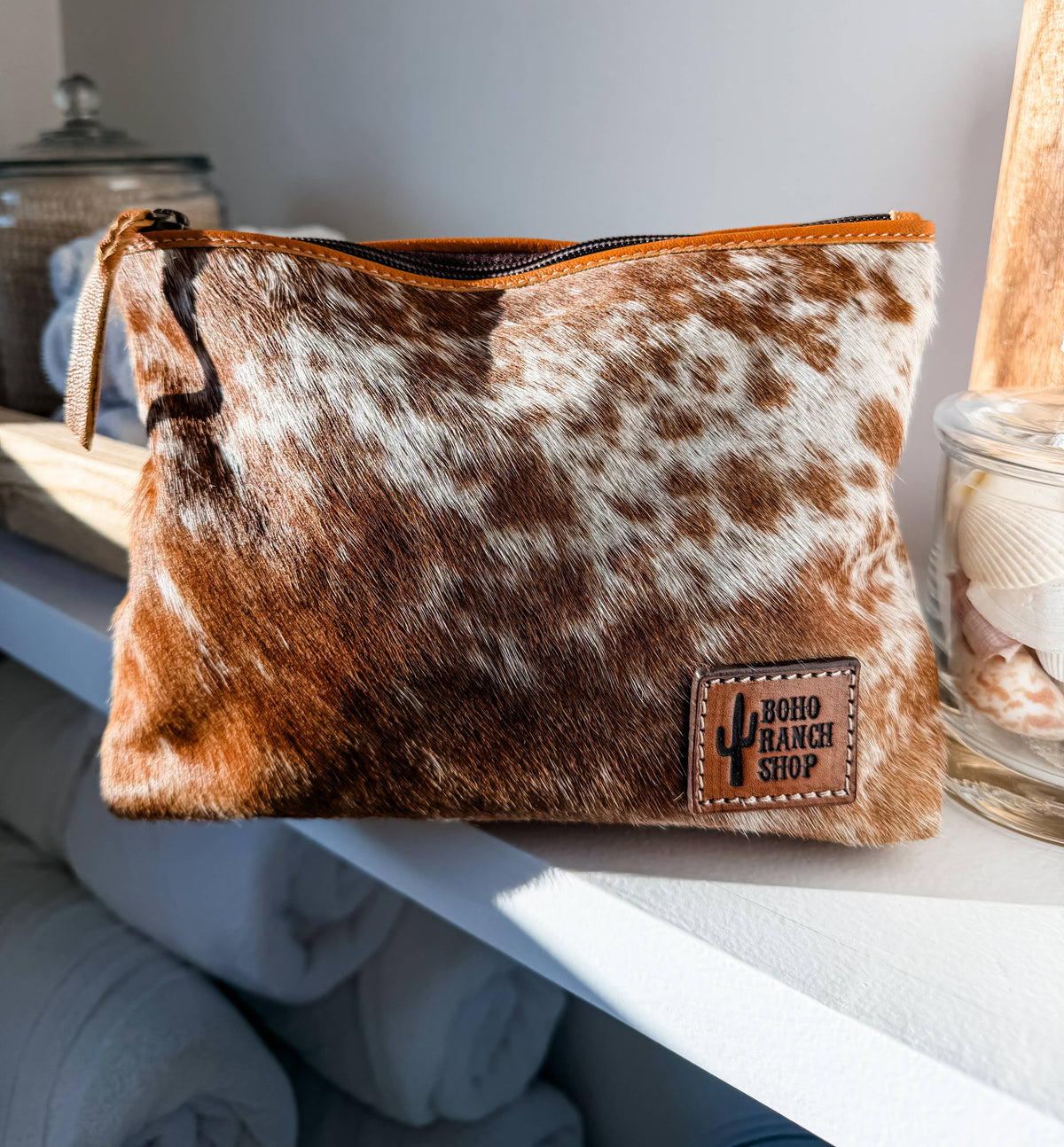 Trousse de maquillage en cuir de vache , MARRON+BLANC