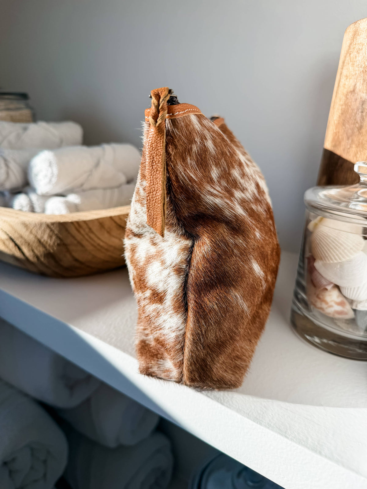 Trousse de maquillage en cuir de vache , MARRON+BLANC