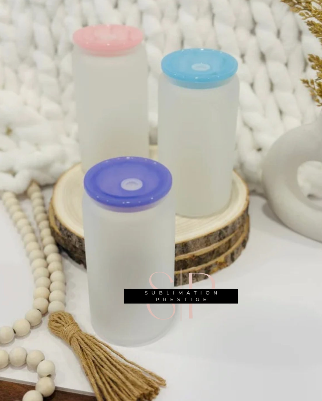 Bouteille de verre givrée (couvercle plastique - couleurs) pour sublimation.